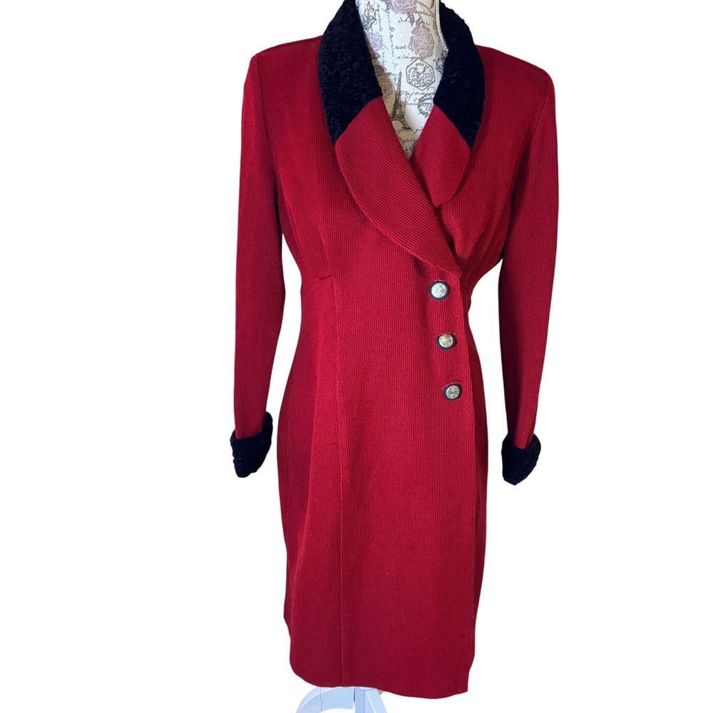 DESIGNER VINTAGE Red Textured Jackie O type Dress Velvet Trim SZ 8 Christmas